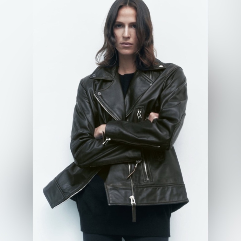 Zara Limited Edition Winter 2023 100% Leather Oversized Jacket Black Small